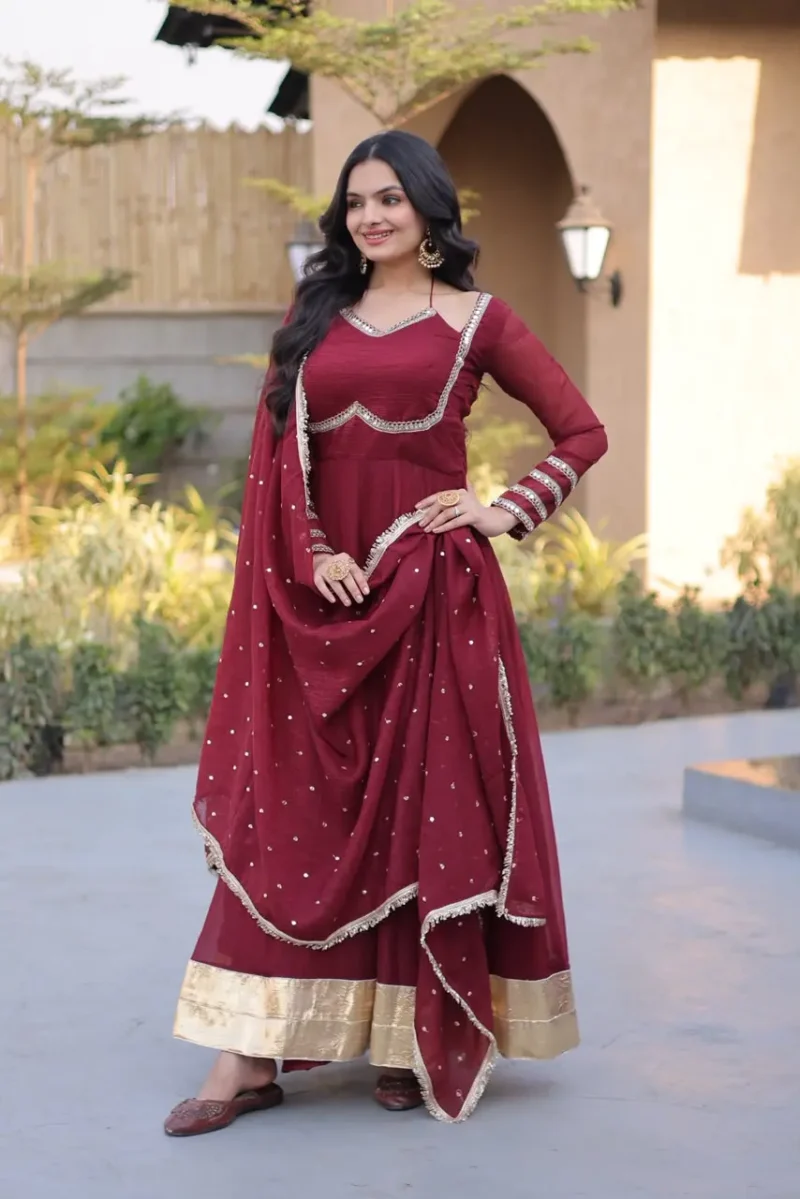 Maroon Women's Silver Crunchy Designer Party Wear Gown with Dupatta front look