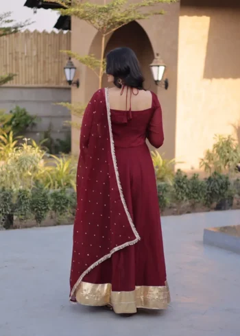 Maroon Women's Silver Crunchy Designer Party Wear Gown with Dupatta back design