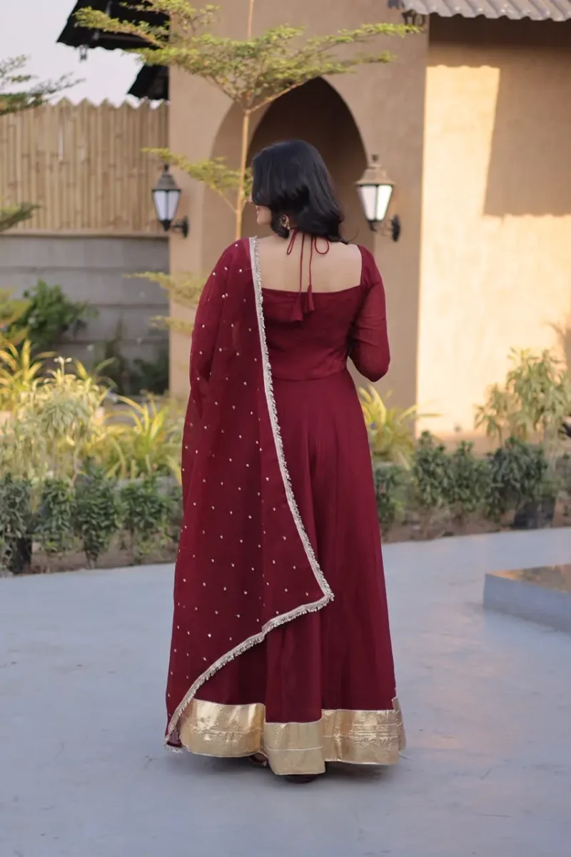 Maroon Women's Silver Crunchy Designer Party Wear Gown with Dupatta back design