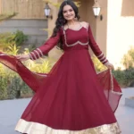 Maroon Women's Silver Crunchy Designer Party Wear Gown with Dupatta flair look