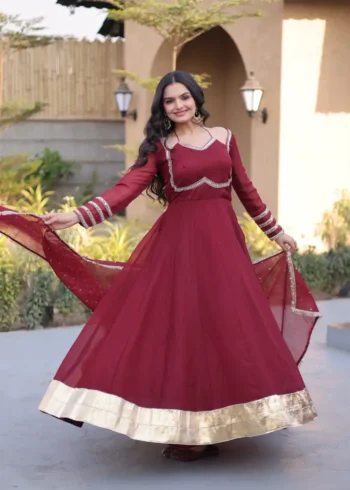 Maroon Women's Silver Crunchy Designer Party Wear Gown with Dupatta flair look