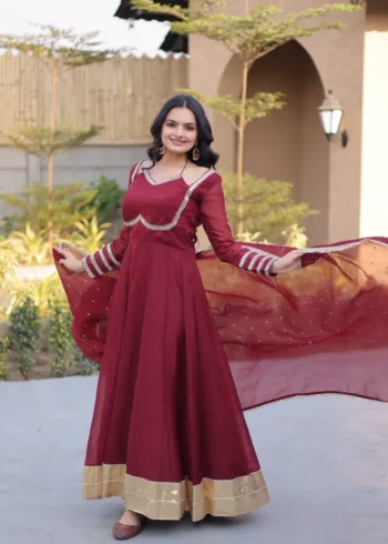Maroon Women's Silver Crunchy Designer Party Wear Gown with Dupatta