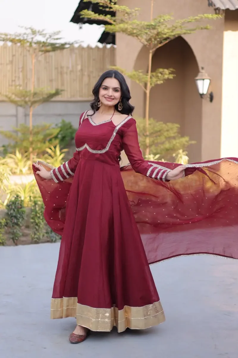Maroon Women's Silver Crunchy Designer Party Wear Gown with Dupatta
