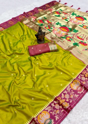 Parrot Soft Silk Paithani Wedding Saree with Zari Butti