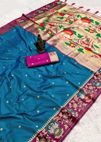 Rama Soft Silk Paithani Wedding Saree with Zari Butti