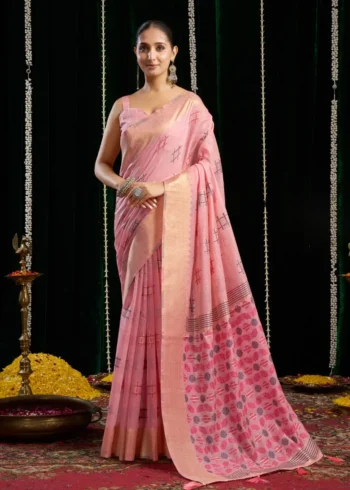 Baby Pink Soft Spun Cotton Saree with Jari Border & Jhallar front