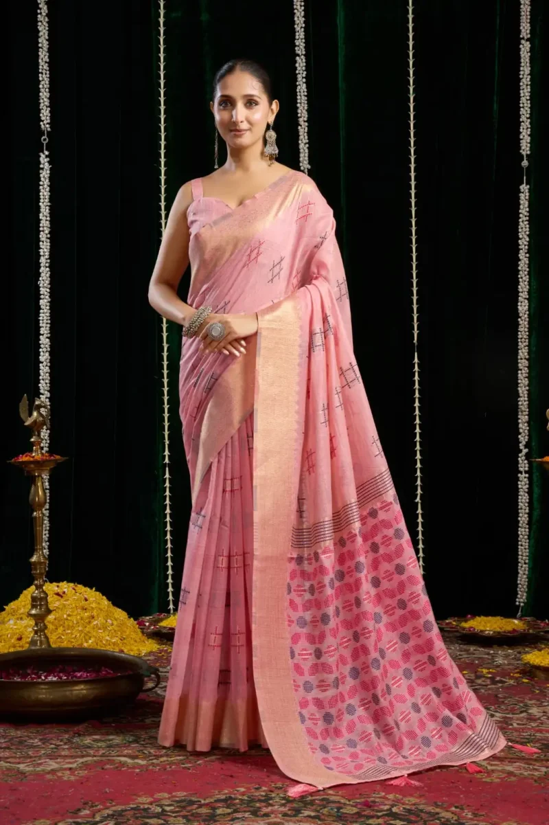 Baby Pink Soft Spun Cotton Saree with Jari Border & Jhallar front