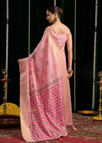 Baby Pink Soft Spun Cotton Saree with Jari Border & Jhallar back side