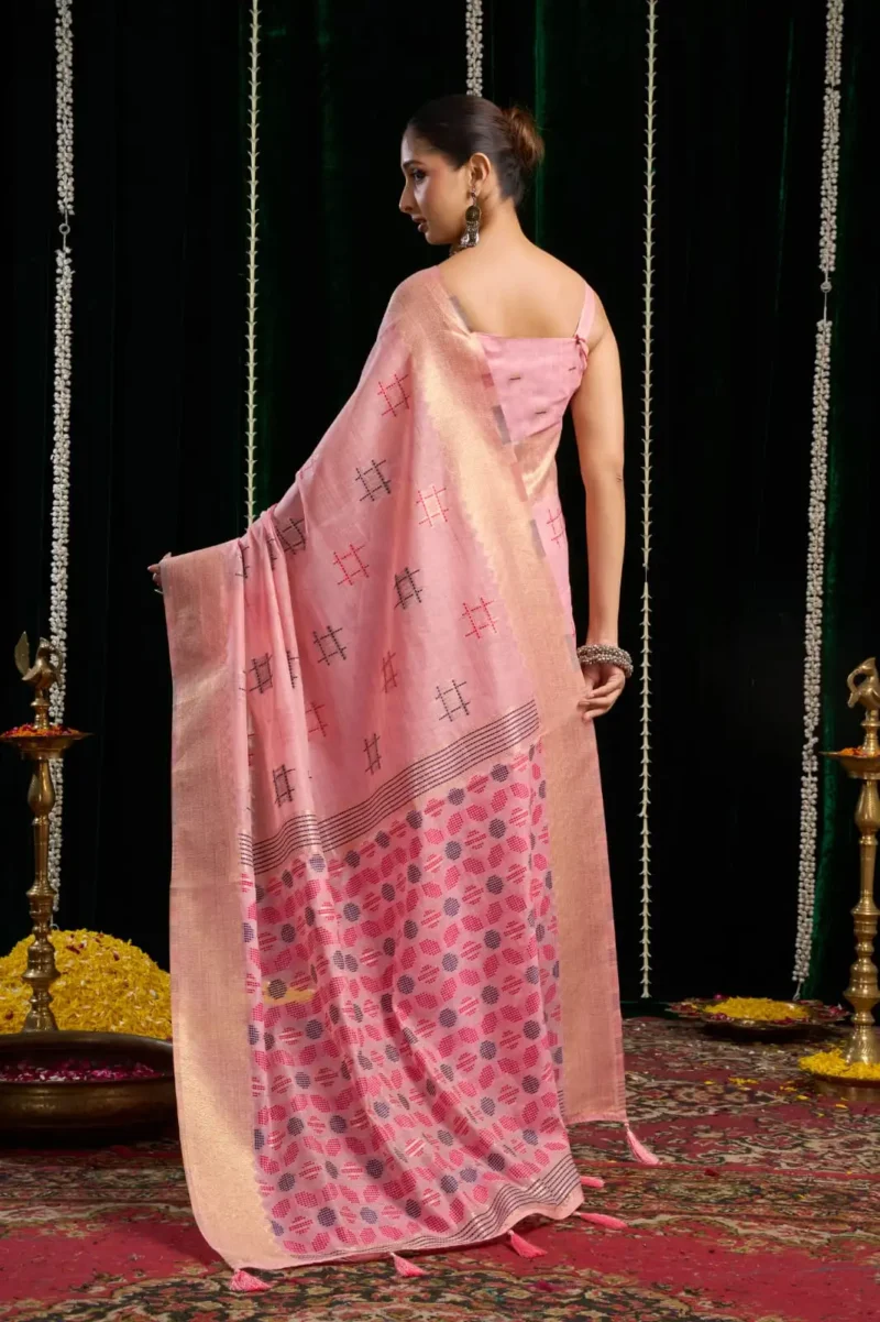 Baby Pink Soft Spun Cotton Saree with Jari Border & Jhallar back side