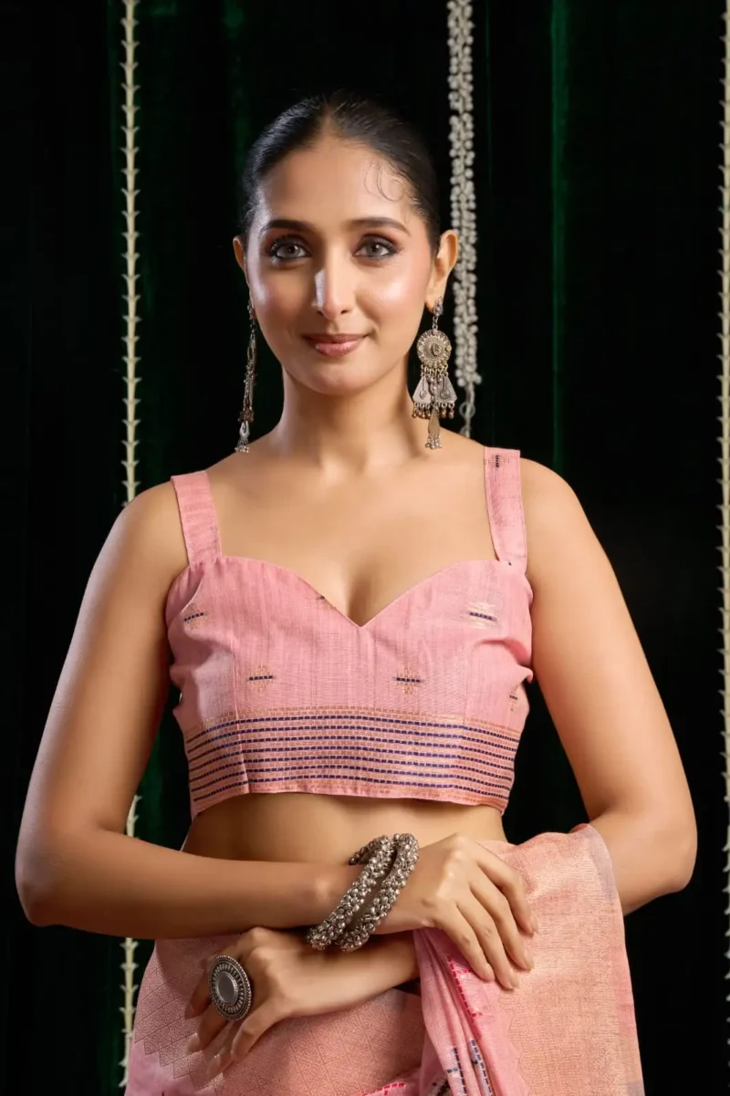Baby Pink Soft Spun Cotton Saree with Jari Border & Jhallar blouse look