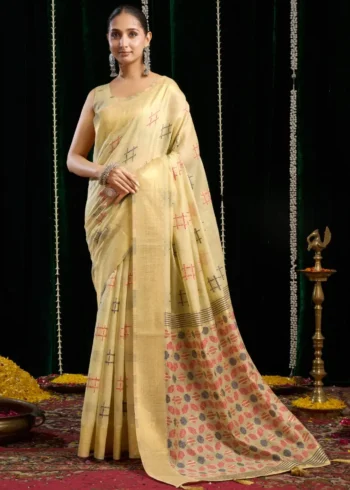 Cream Colour Soft Spun Cotton Saree with Jari Border & Jhallar front look