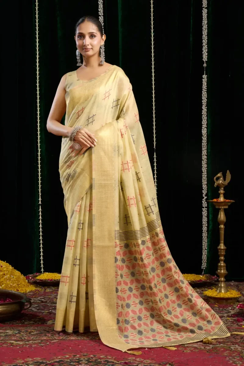 Cream Colour Soft Spun Cotton Saree with Jari Border & Jhallar front look