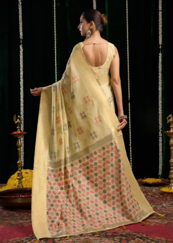Cream Colour Soft Spun Cotton Saree with Jari Border & Jhallar back side design