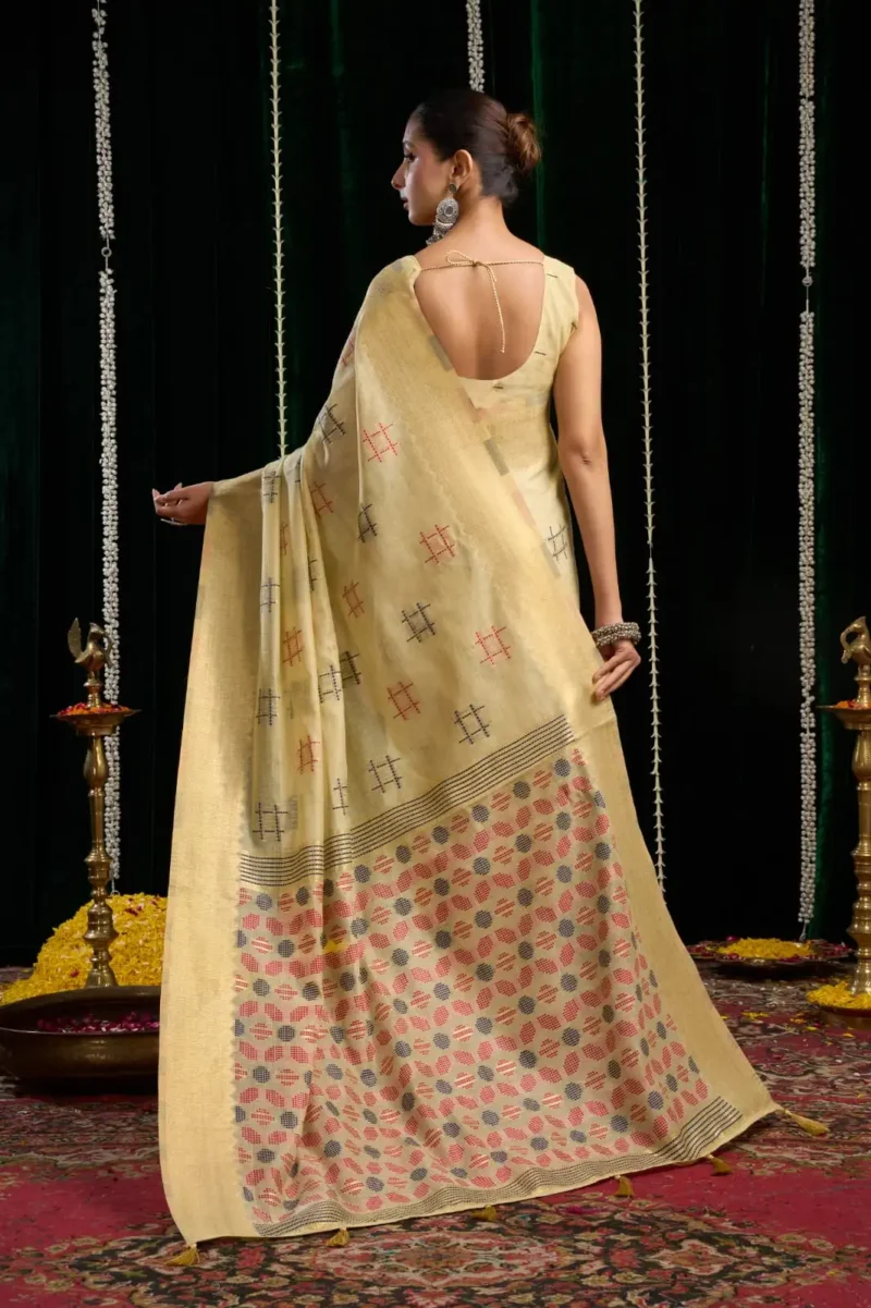 Cream Colour Soft Spun Cotton Saree with Jari Border & Jhallar back side design