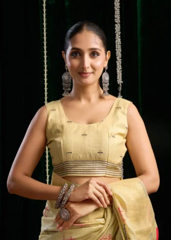 Cream Colour Soft Spun Cotton Saree with Jari Border & Jhallar blouse look