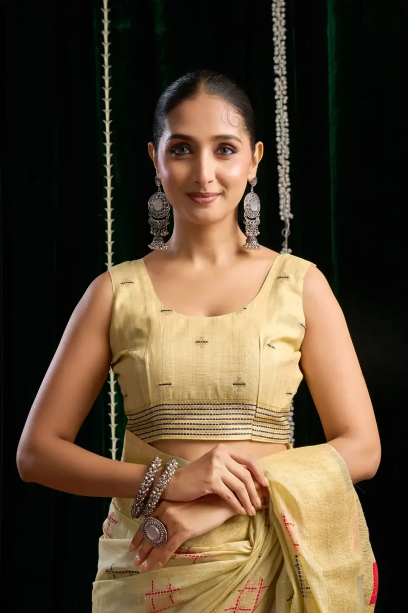 Cream Colour Soft Spun Cotton Saree with Jari Border & Jhallar blouse look