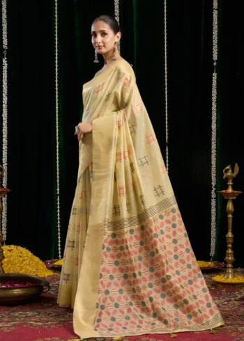 Cream Colour Soft Spun Cotton Saree with Jari Border & Jhallar side look