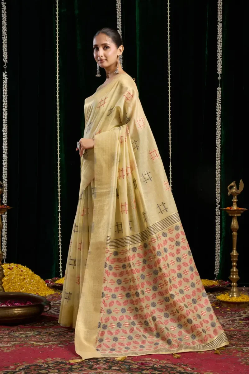 Cream Colour Soft Spun Cotton Saree with Jari Border & Jhallar side look