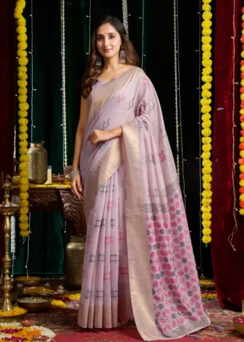 Lavender Soft Spun Cotton Saree with Jari Border & Jhallar front