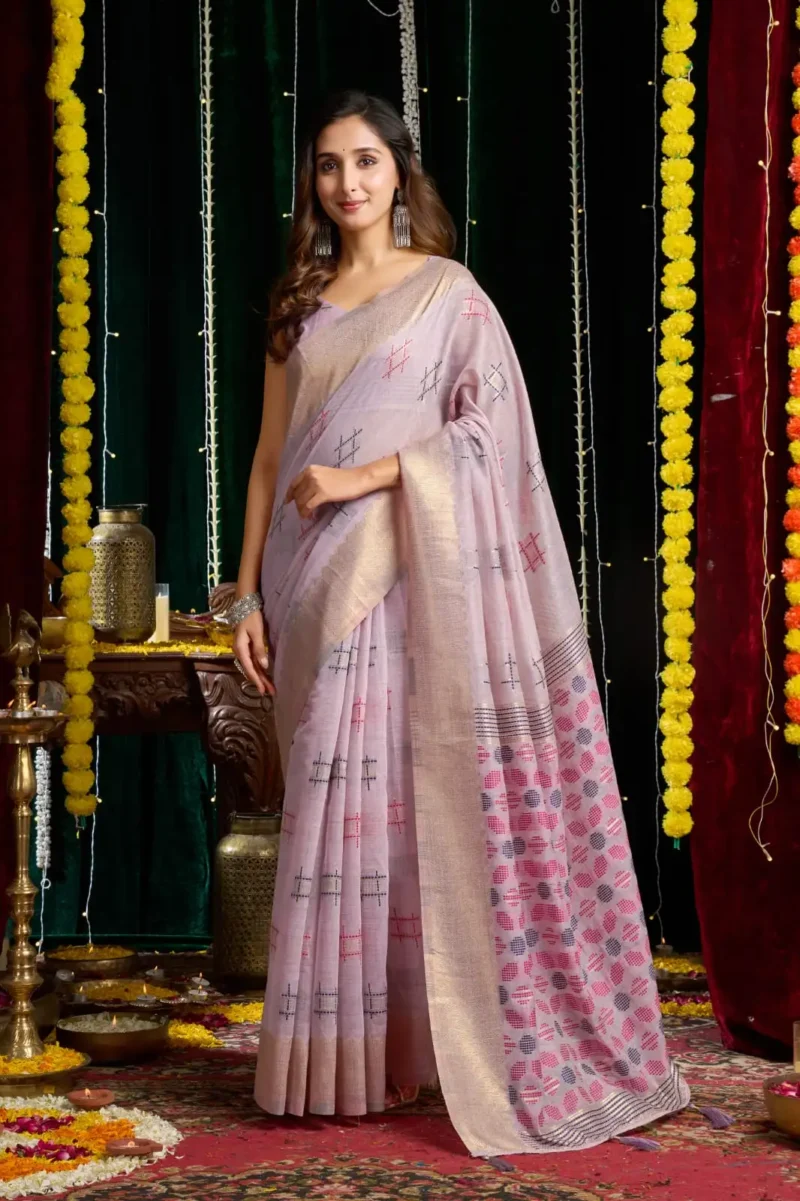 Lavender Soft Spun Cotton Saree with Jari Border & Jhallar front