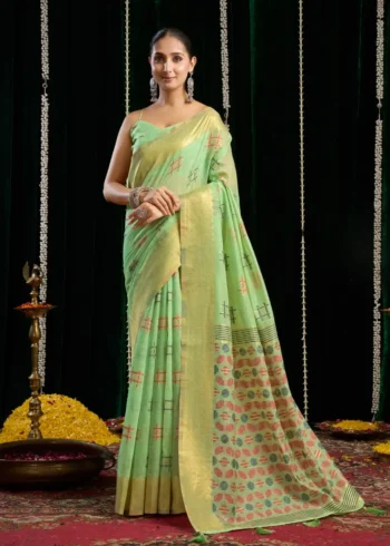 Pista Green Soft Spun Cotton Saree with Jari Border & Jhallar front look