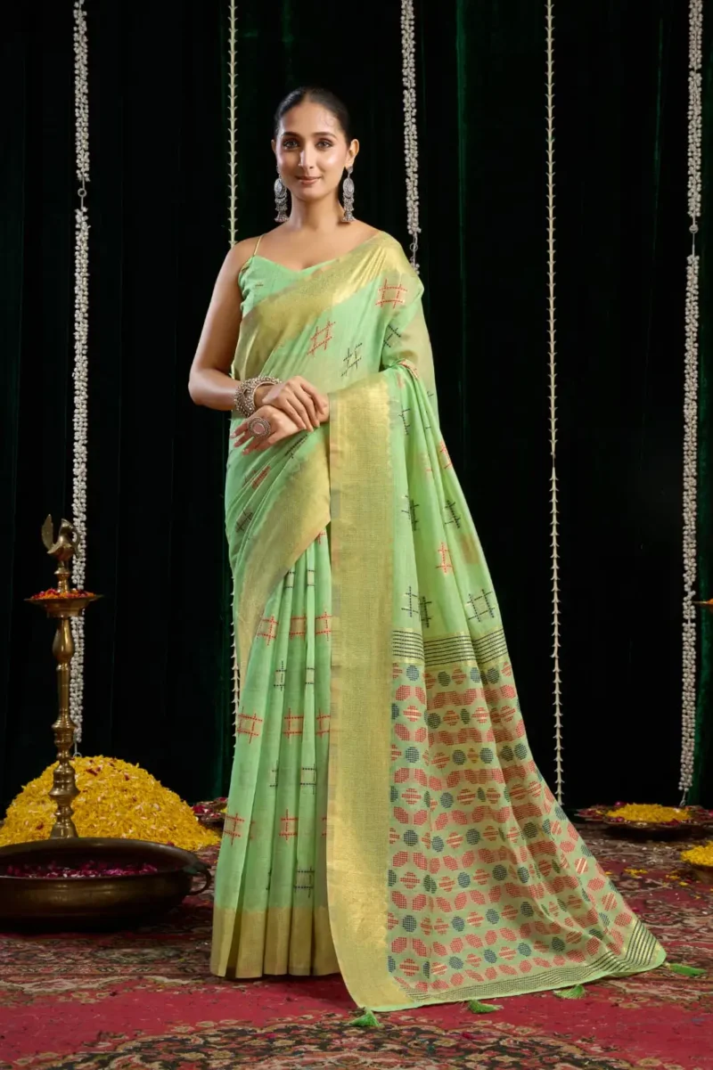 Pista Green Soft Spun Cotton Saree with Jari Border & Jhallar front look