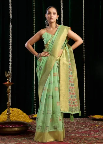 Pista Green Soft Spun Cotton Saree with Jari Border & Jhallar front