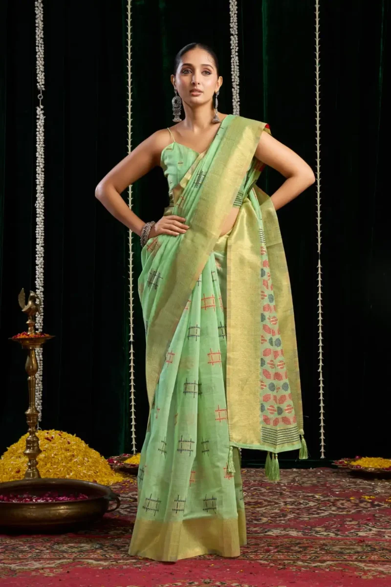 Pista Green Soft Spun Cotton Saree with Jari Border & Jhallar front
