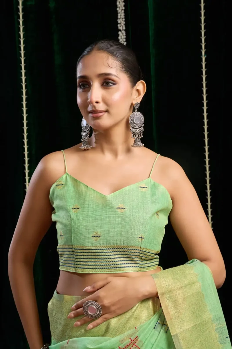 Pista Green Soft Spun Cotton Saree with Jari Border & Jhallar blouse design