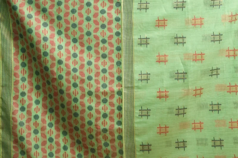 Pista Green Soft Spun Cotton Saree with Jari Border & Jhallar pallu work