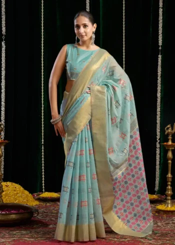 Sky Blue Soft Spun Cotton Saree with Jari Border & Jhallar front look