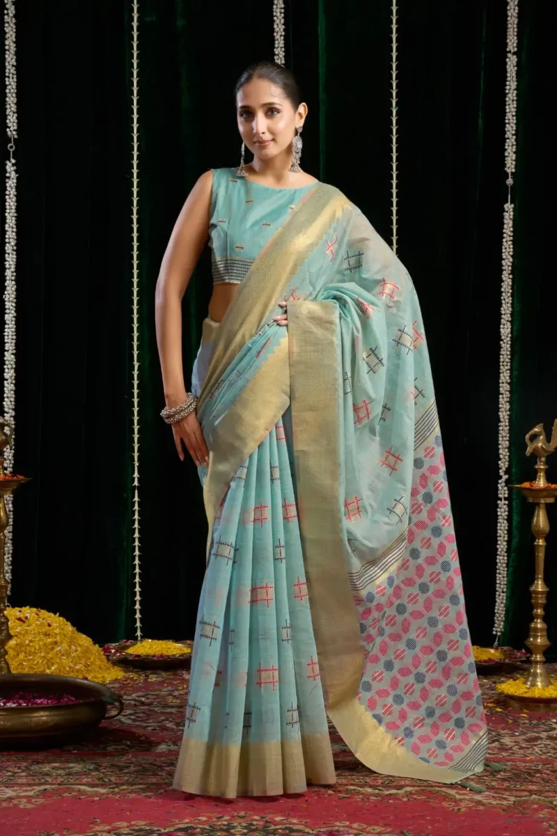 Sky Blue Soft Spun Cotton Saree with Jari Border & Jhallar front look