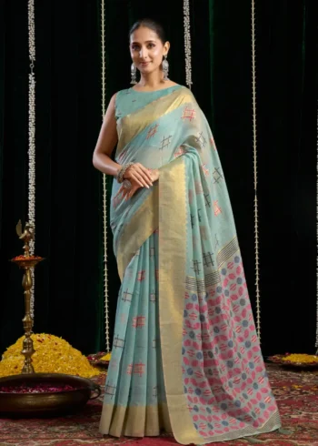 Sky Blue Soft Spun Cotton Saree with Jari Border & Jhallar front