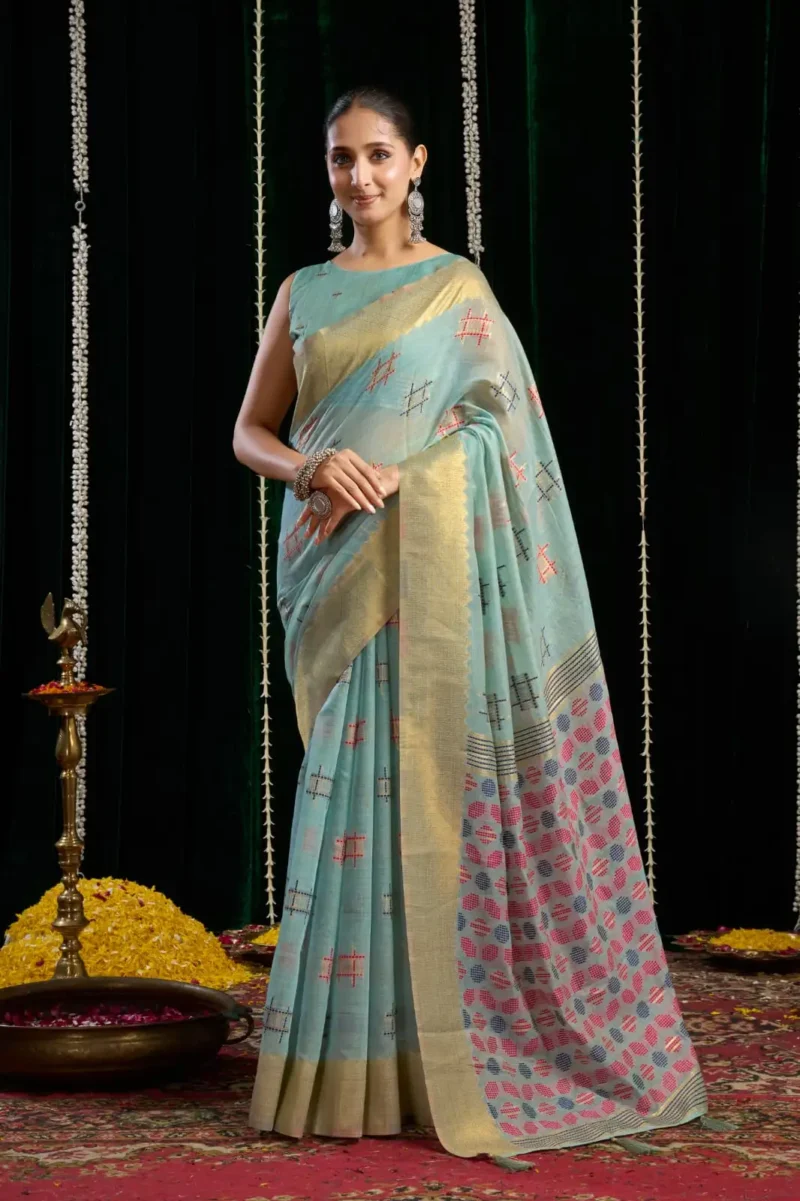 Sky Blue Soft Spun Cotton Saree with Jari Border & Jhallar front