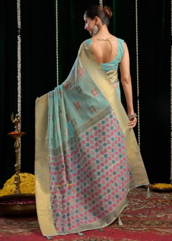 Sky Blue Soft Spun Cotton Saree with Jari Border & Jhallar back side look