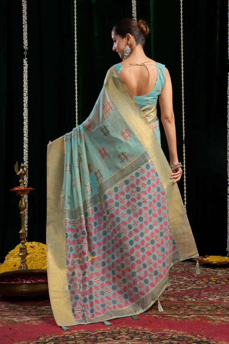 Sky Blue Soft Spun Cotton Saree with Jari Border & Jhallar back side look