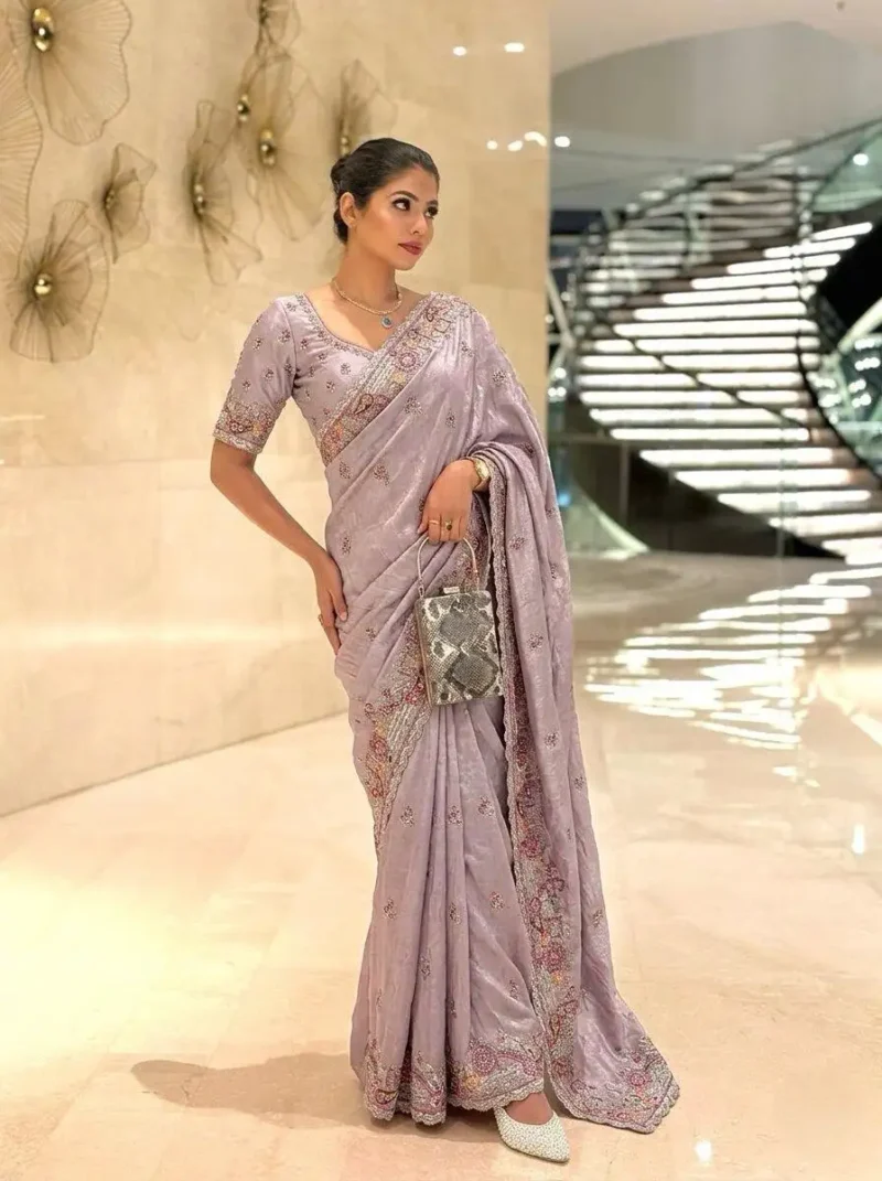 Soft Tissue Chiffon Silk Embroidered Saree with Zarkan Work - Image 7