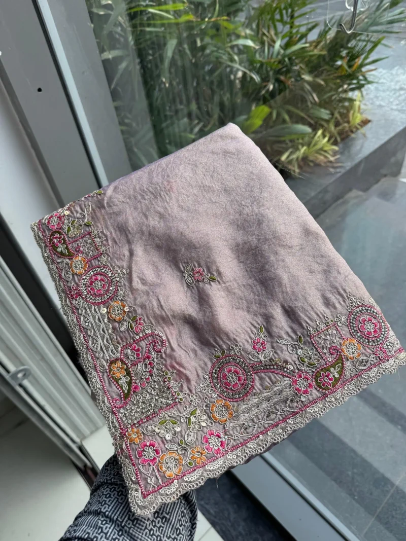 Soft Tissue Chiffon Silk Embroidered Saree with Zarkan Work - Image 9
