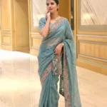 Sky Blue Fendy Satin Silk Wedding Saree with Embroidered Cutwork Border front look