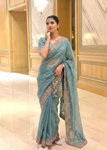 Sky Blue Fendy Satin Silk Wedding Saree with Embroidered Cutwork Border front look