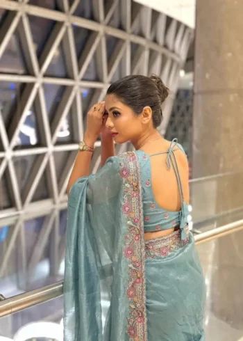 Sky Blue Fendy Satin Silk Wedding Saree with Embroidered Cutwork Border back side look