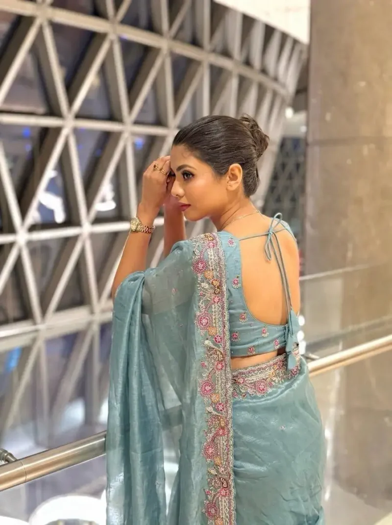 Sky Blue Fendy Satin Silk Wedding Saree with Embroidered Cutwork Border back side look