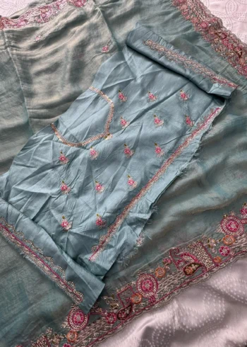 Sky Blue Fendy Satin Silk Wedding Saree with Embroidered Cutwork Border close work