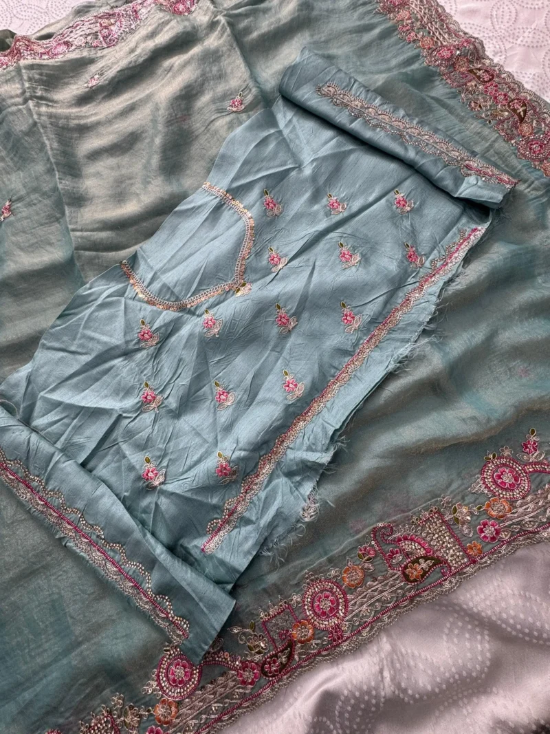 Sky Blue Fendy Satin Silk Wedding Saree with Embroidered Cutwork Border close work