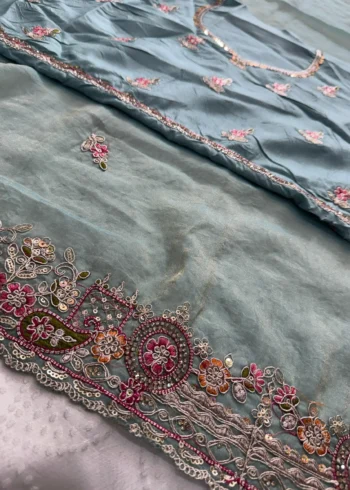 Sky Blue Fendy Satin Silk Wedding Saree with Embroidered Cutwork Border close work