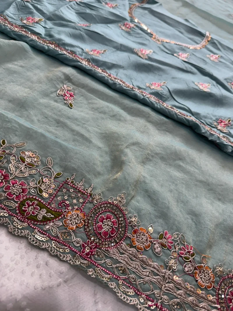 Sky Blue Fendy Satin Silk Wedding Saree with Embroidered Cutwork Border close work