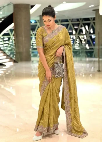 Yellow Fendy Satin Silk Wedding Saree with Embroidered Cutwork Border front look