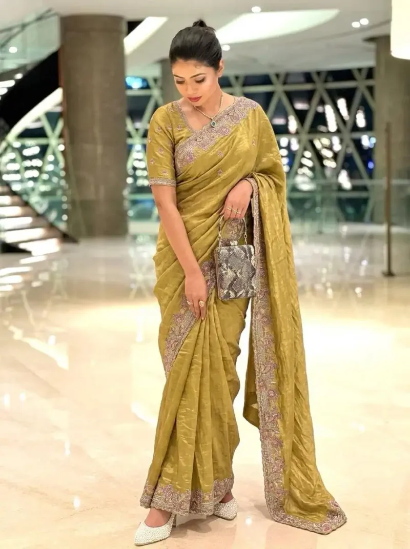 Yellow Fendy Satin Silk Wedding Saree with Embroidered Cutwork Border front look