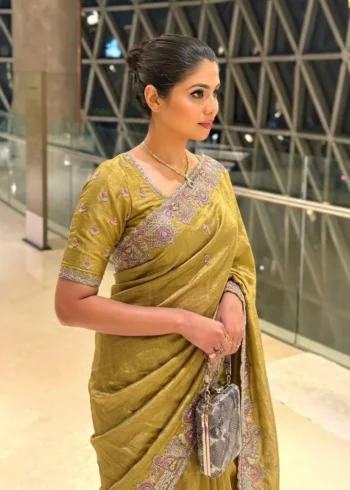 Yellow Fendy Satin Silk Wedding Saree with Embroidered Cutwork Border side look