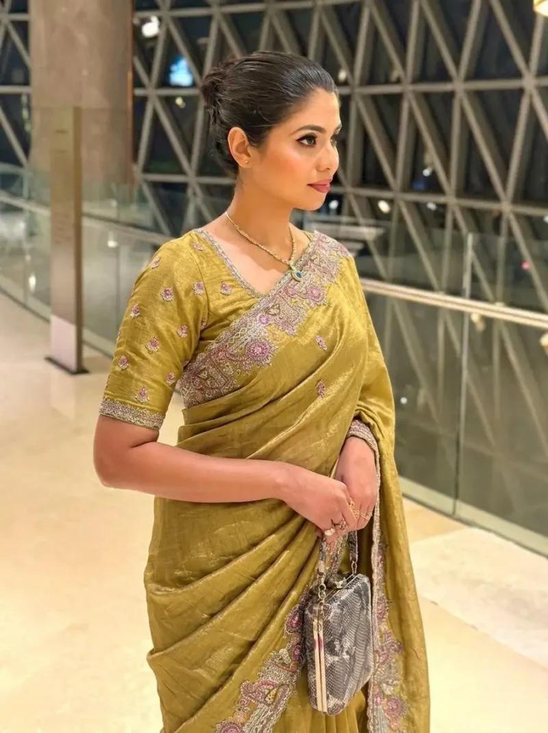Yellow Fendy Satin Silk Wedding Saree with Embroidered Cutwork Border side look